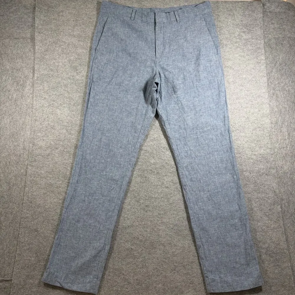 Perry Ellis Portfolio Pants Mens 34x32 Blue Linen Cotton Slim Fit Dress Chino